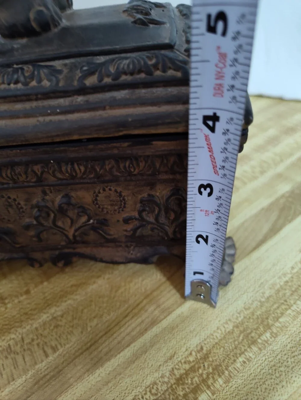 Ornate elephant trinket/jewelry box with raised elephant lid, floral relief desi